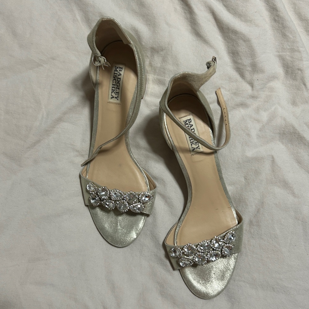 Badgley Mischka Gold Crystal-Embellished Block Heel Sandals